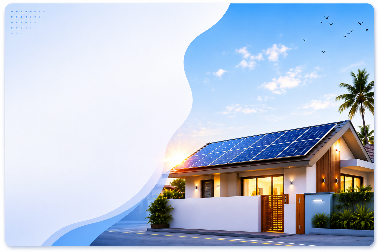 Puducherry home with rooftop solar panels, palm trees and evening sky